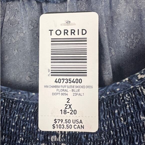 NWT Torrid Womens 2X Chambray Smocked Puff Sleeve Boho Cottagecore Mini Dress - Picture 8 of 13
